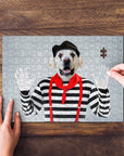 Personalized pet puzzle featuring a white dog dressed as a mime, with a hand placing the final piece.