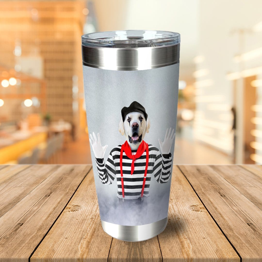 Personalized stainless steel tumbler with a custom cartoon portrait of a dog dressed as a mime.