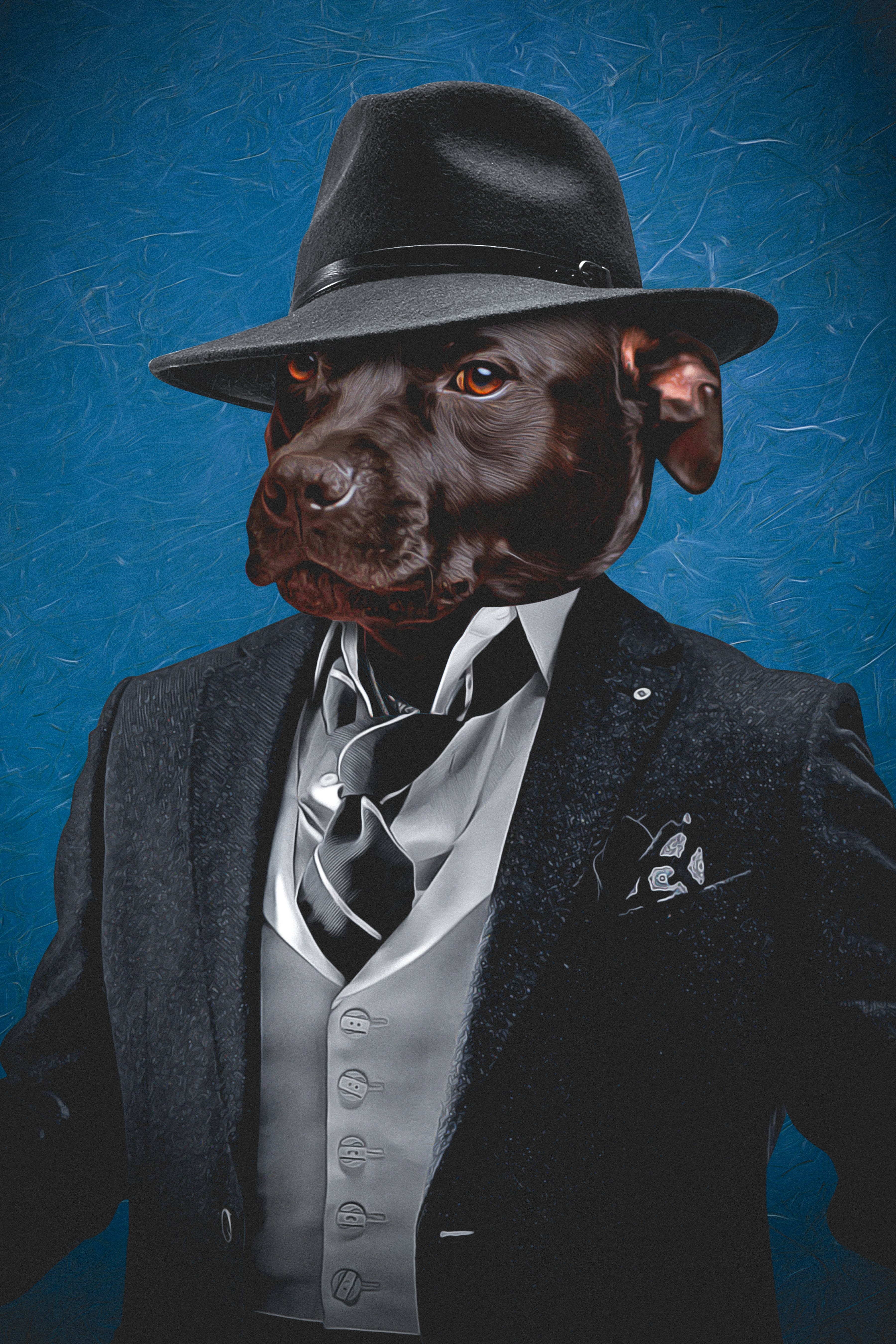 Custom digital portrait of a chocolate lab dog in a black mobster suit and fedora against a blue background.