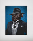 Personalized pet poster featuring a chocolate lab's head on a mobster's body in a black suit and fedora.