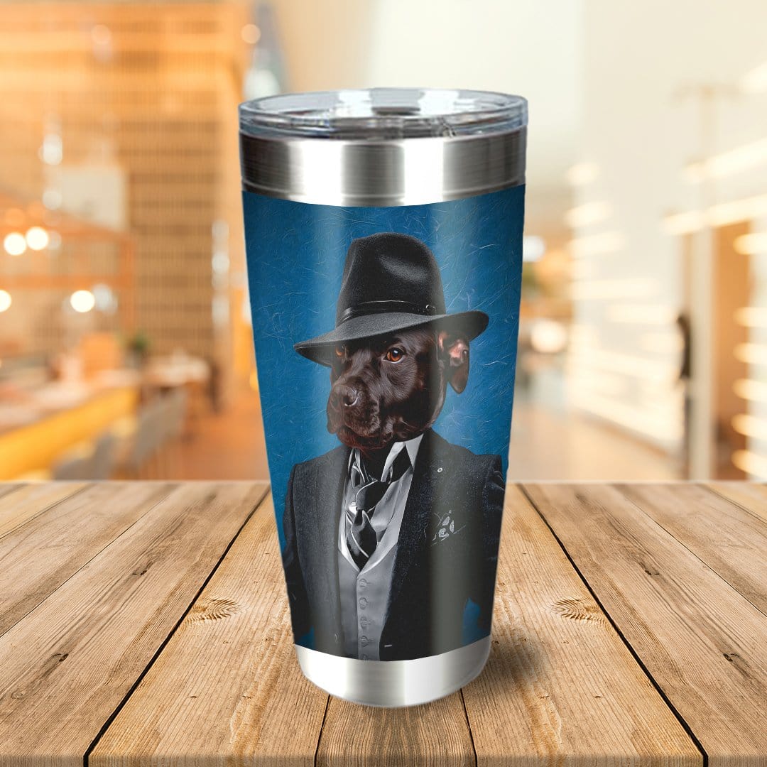 Personalized stainless steel tumbler with a custom dog portrait in a mobster suit on a blue background.