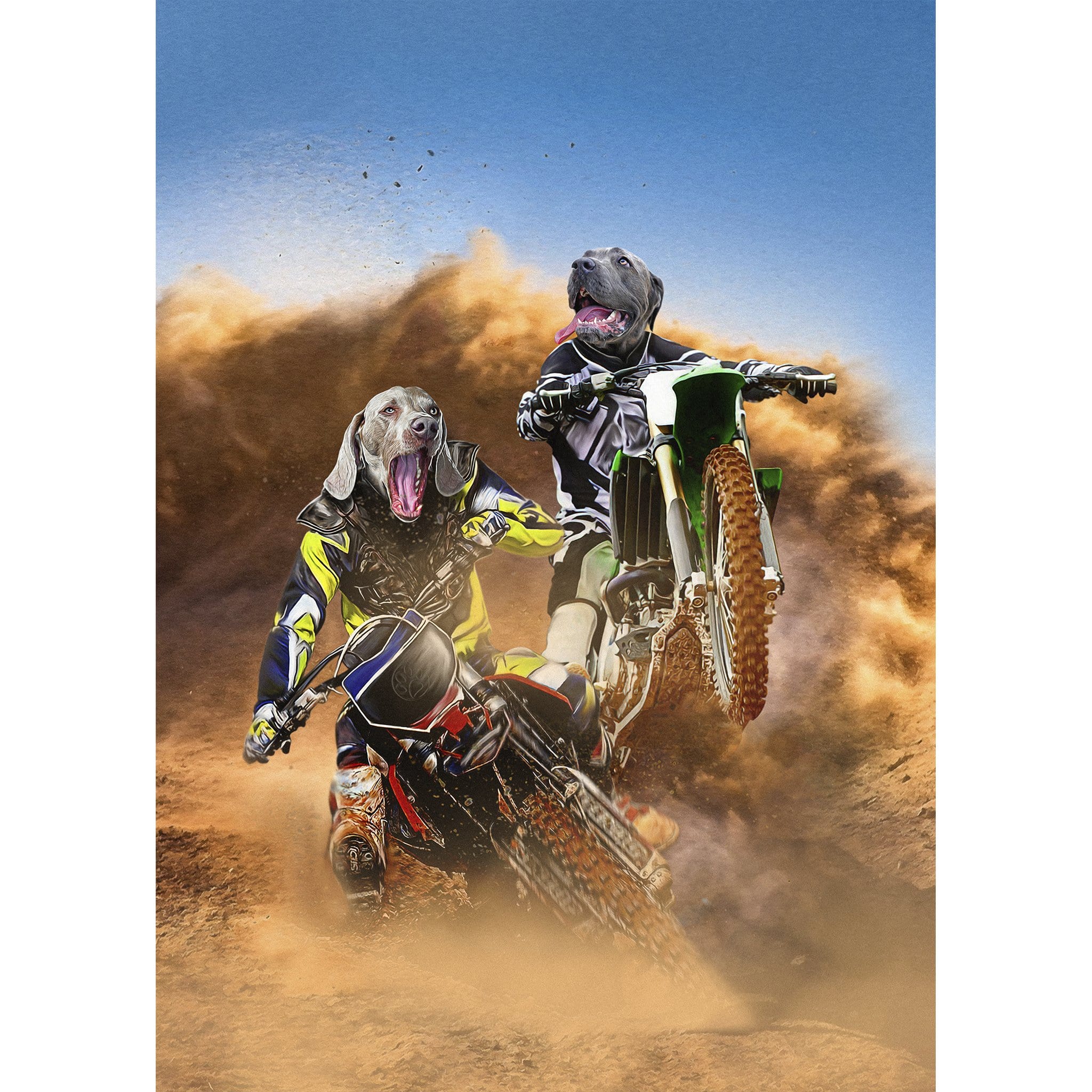 Custom digital portrait of two dogs as motocross riders in a dusty desert race.