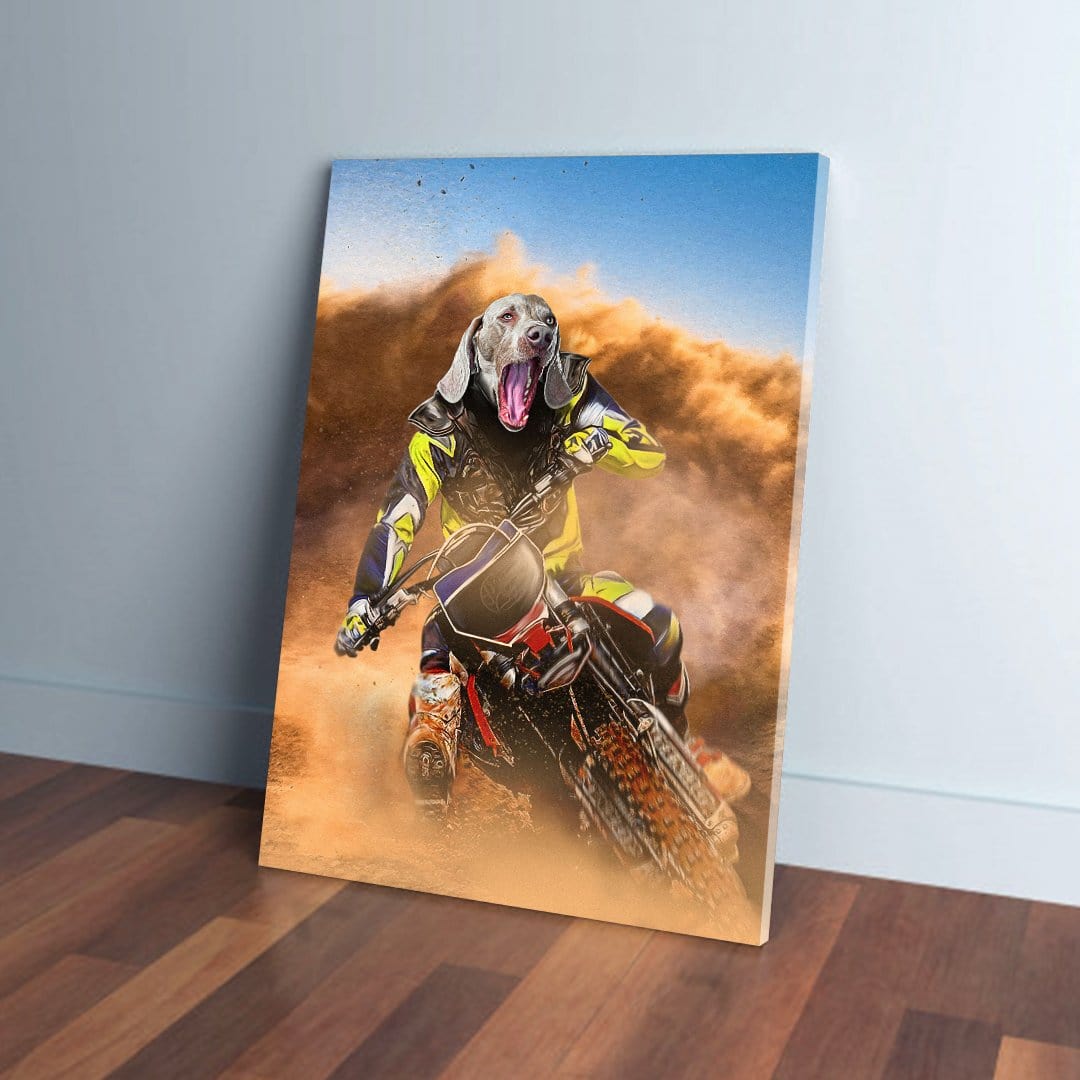 Personalized pet canvas featuring a dog's head on a motocross rider in a dusty, action-packed scene.
