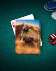 Personalized playing cards featuring a custom dog portrait as a motocross rider on a desert track.