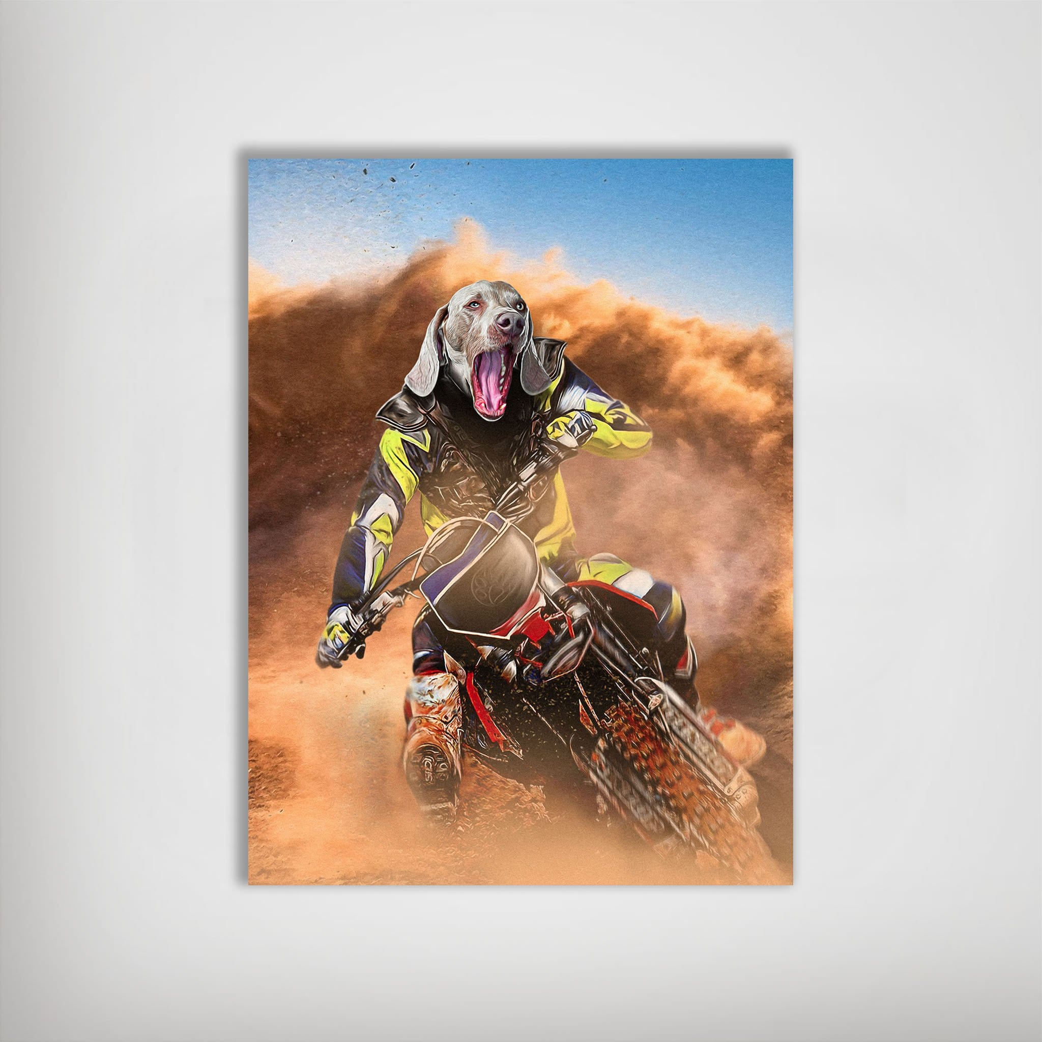Personalized pet poster featuring a Weimaraner's head on a motocross rider, kicking up dirt.