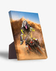 Personalized pet standing canvas featuring a Weimaraner dog's head on a motocross rider, kicking up dirt.