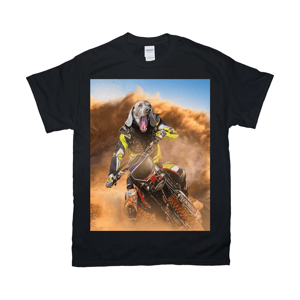 Black Gildan t-shirt with a personalized design of a Weimaraner dog's head on a motocross rider.