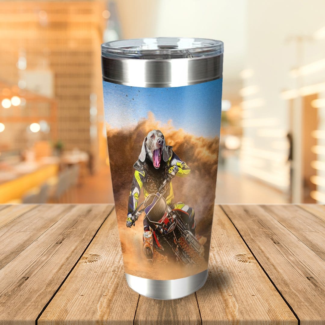 Personalized stainless steel tumbler with a custom cartoon portrait of a dog riding a motocross bike.