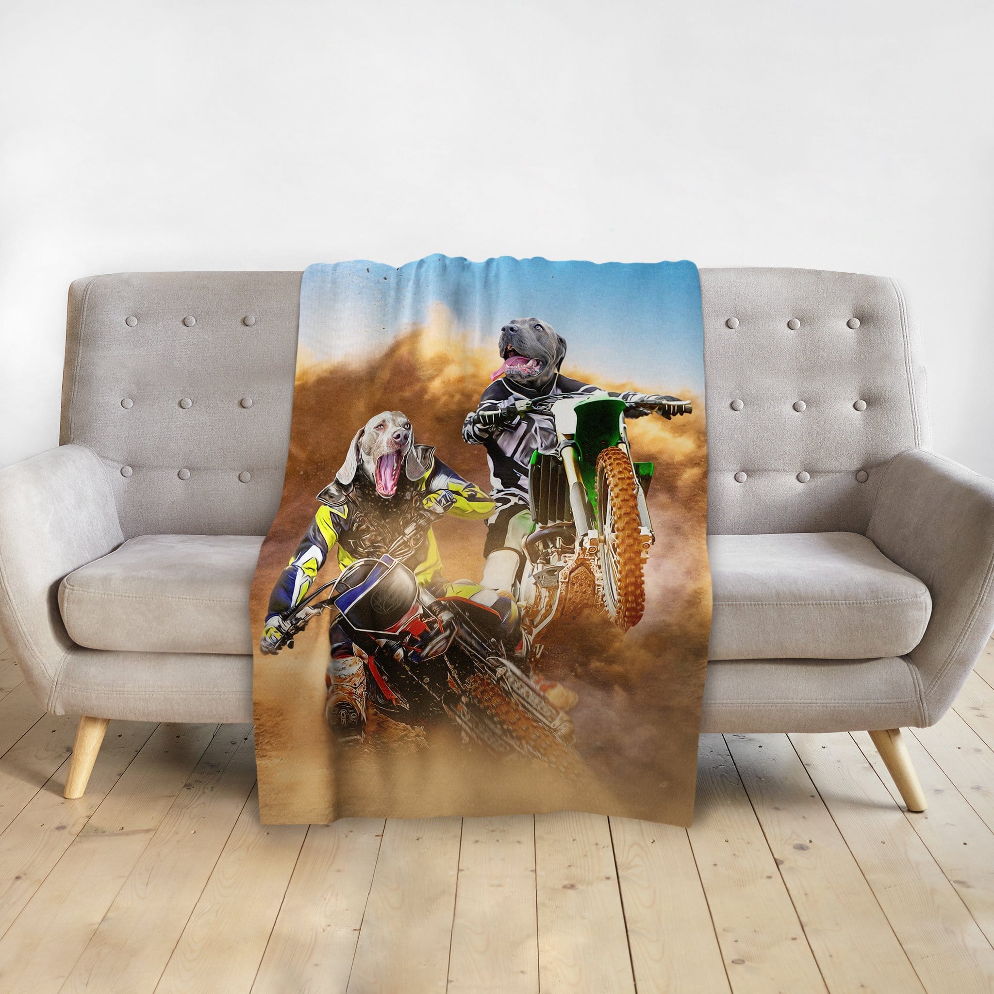 Personalized minky blanket with two dogs as motocross riders in a dusty race.