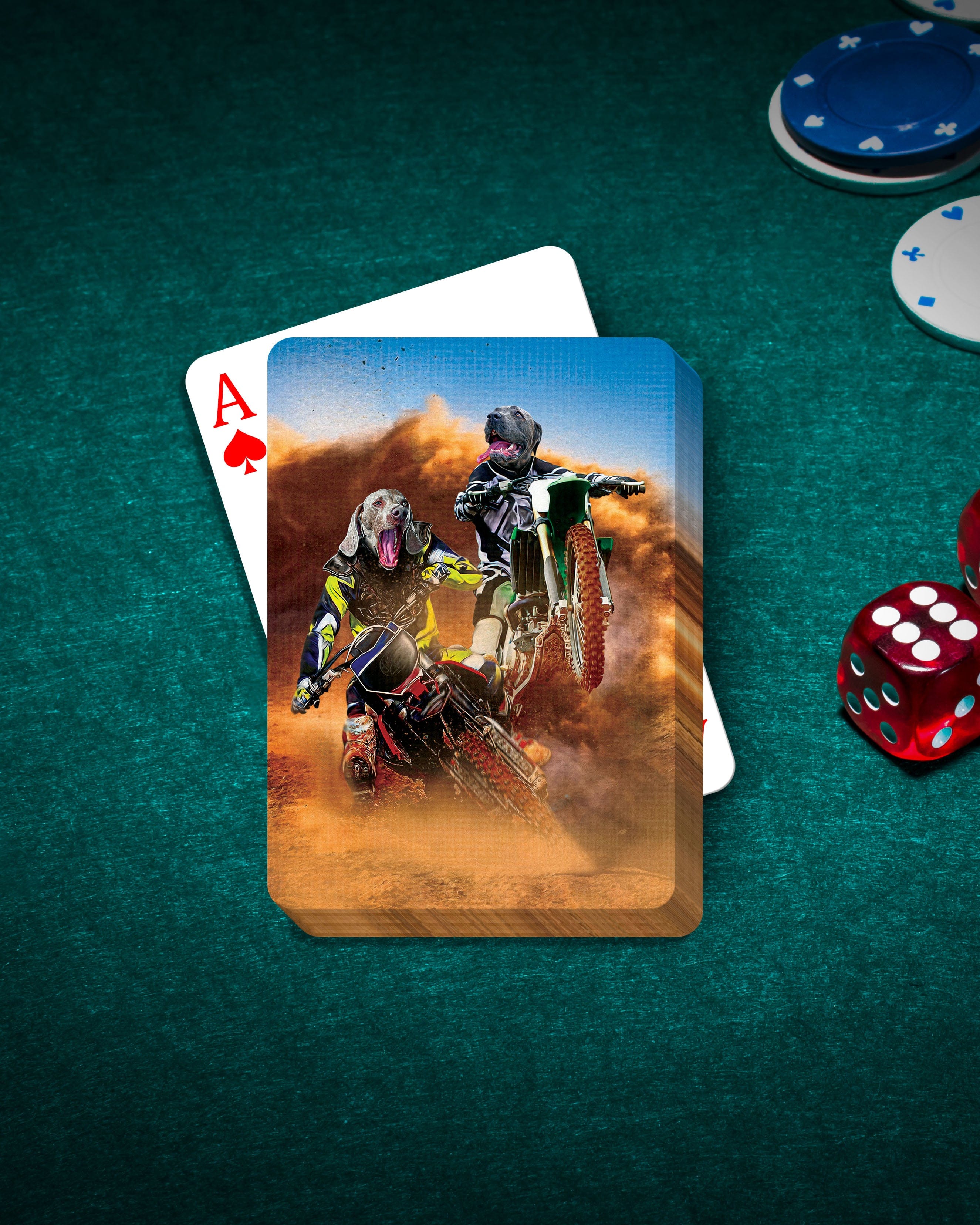 Personalized playing cards featuring two pets as motocross riders, on a green felt table with chips and dice.