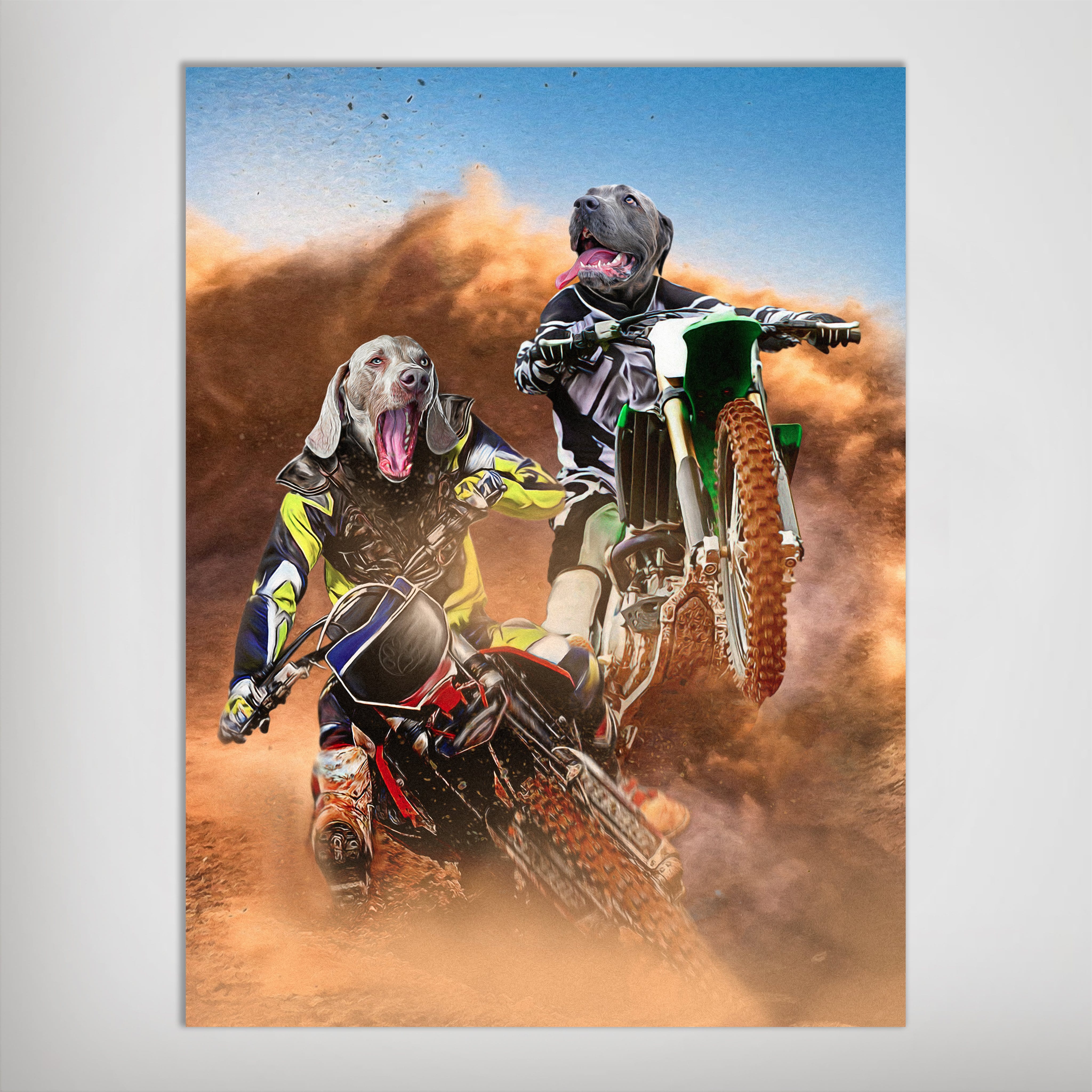 Personalized poster featuring two pets with dog heads on motocross riders, kicking up dirt under a blue sky.