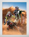 Personalized poster featuring two pets with dog heads on motocross riders, kicking up dirt under a blue sky.