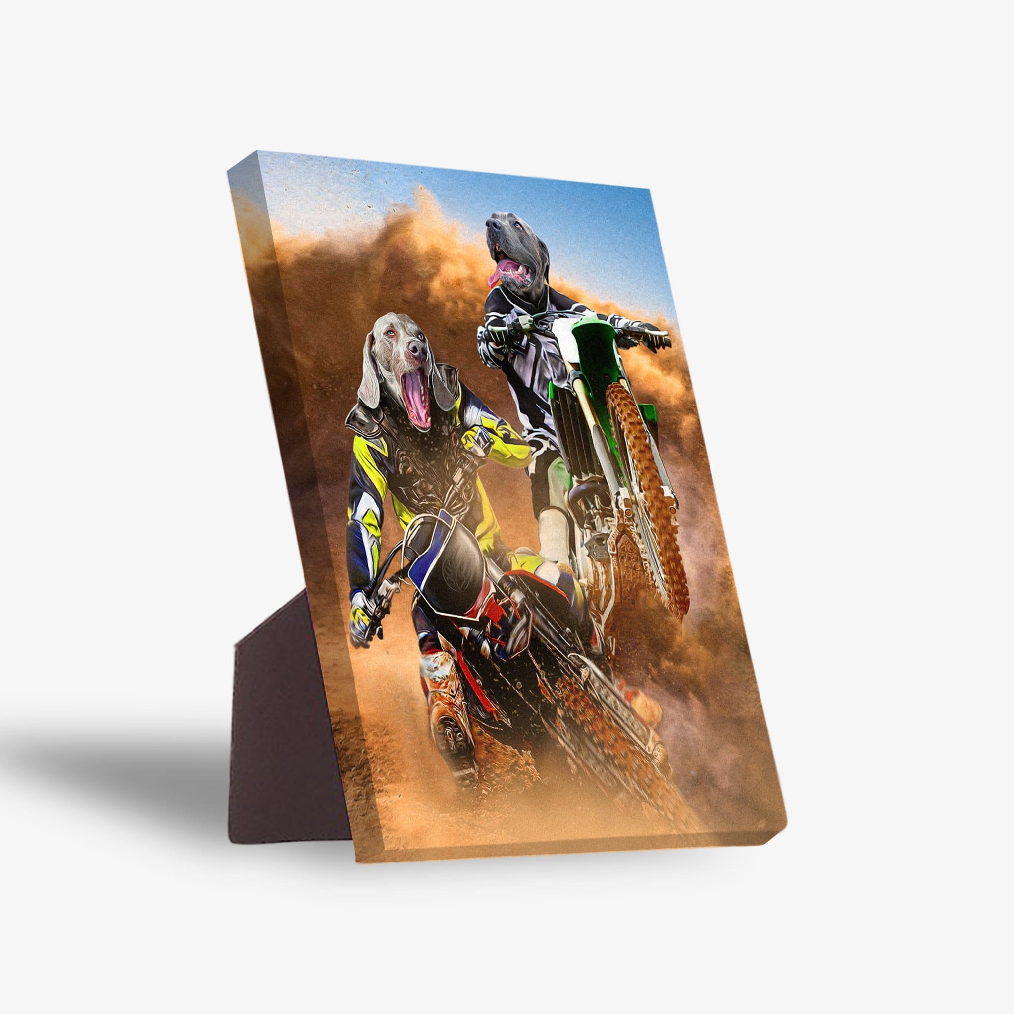 Personalized 2-pet motocross riders standing canvas featuring dogs on dirt bikes in a dusty desert scene.