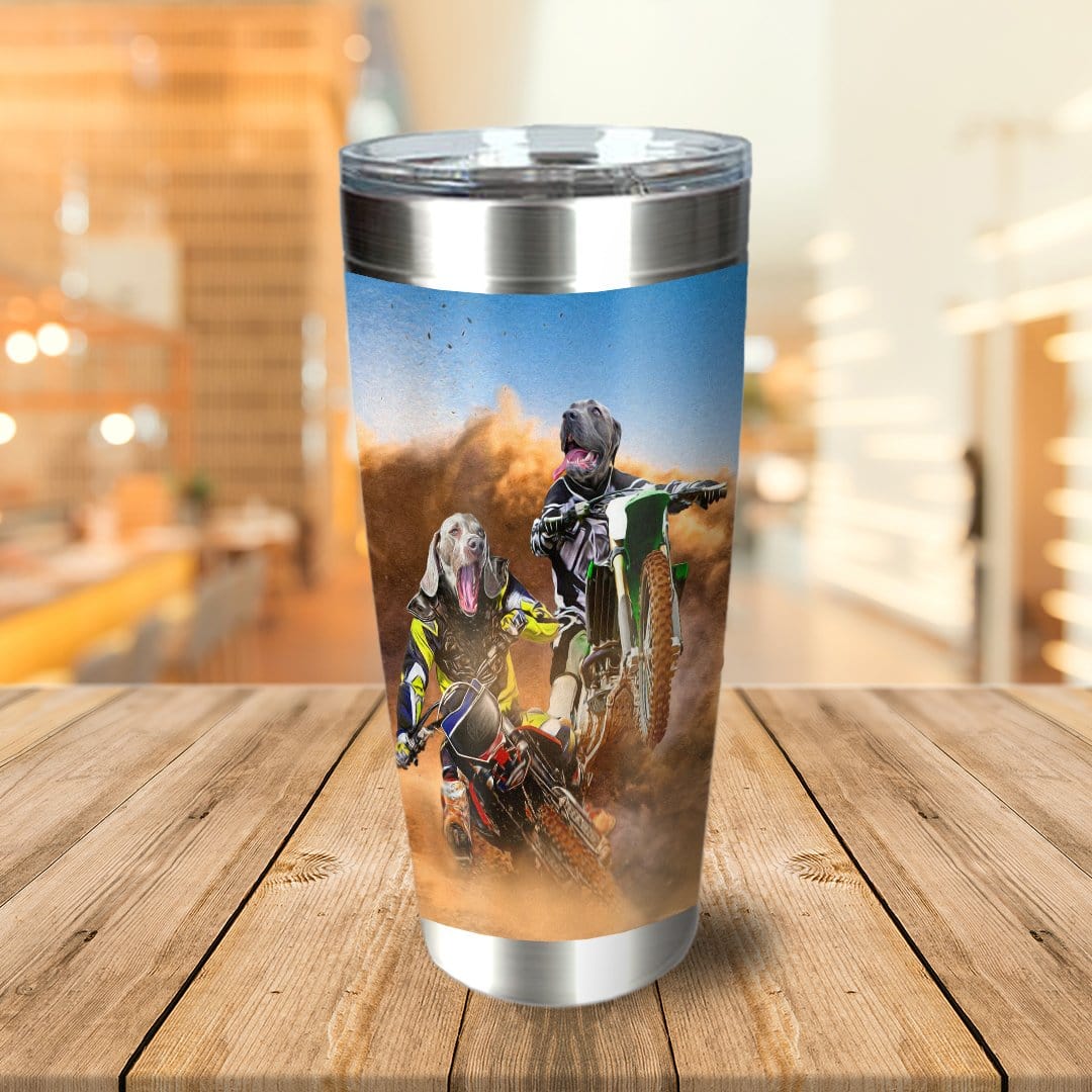 Personalized stainless steel tumbler with two dogs as motocross riders in a dusty scene.
