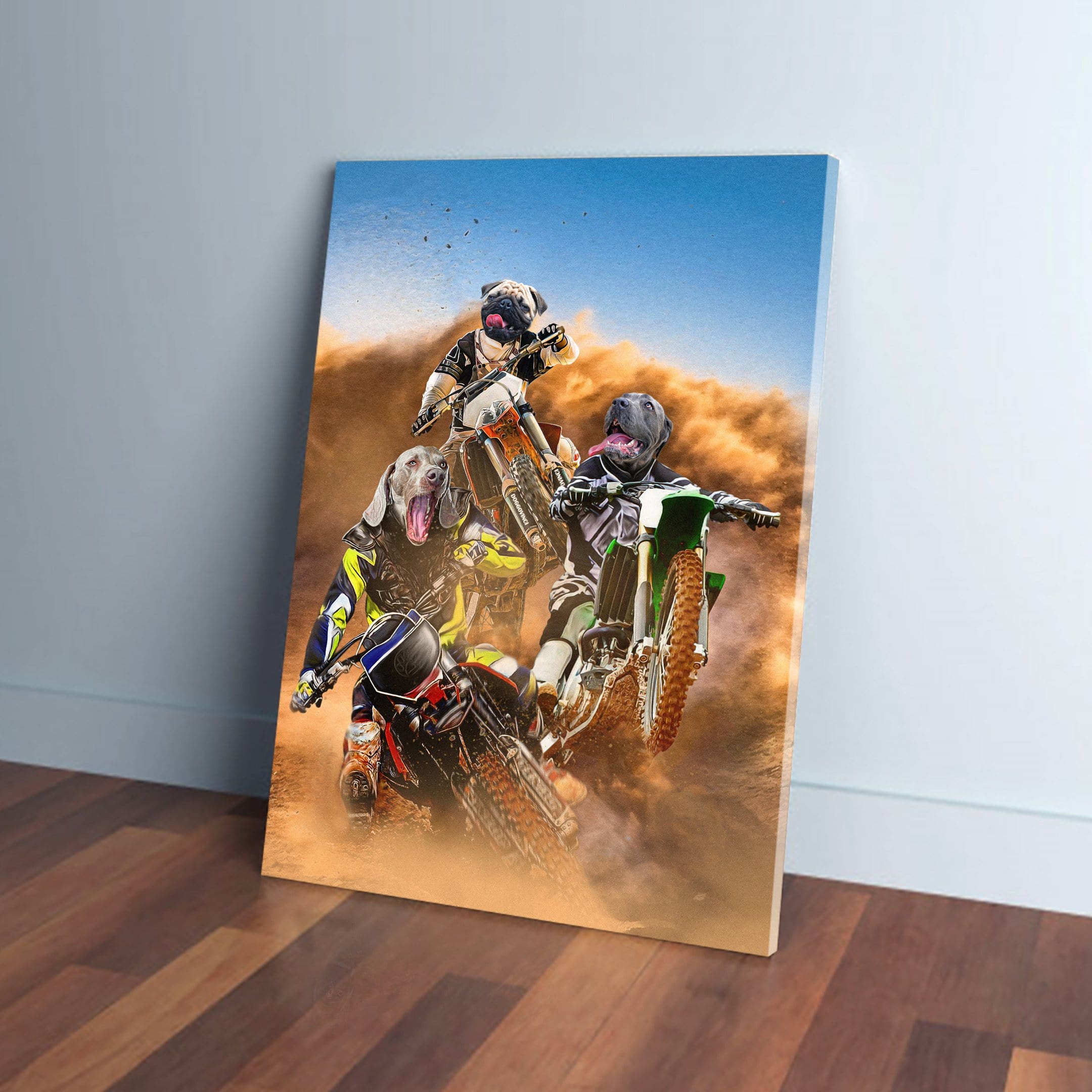 Personalized 3-pet canvas featuring dogs as motocross riders kicking up dust on a dirt track.