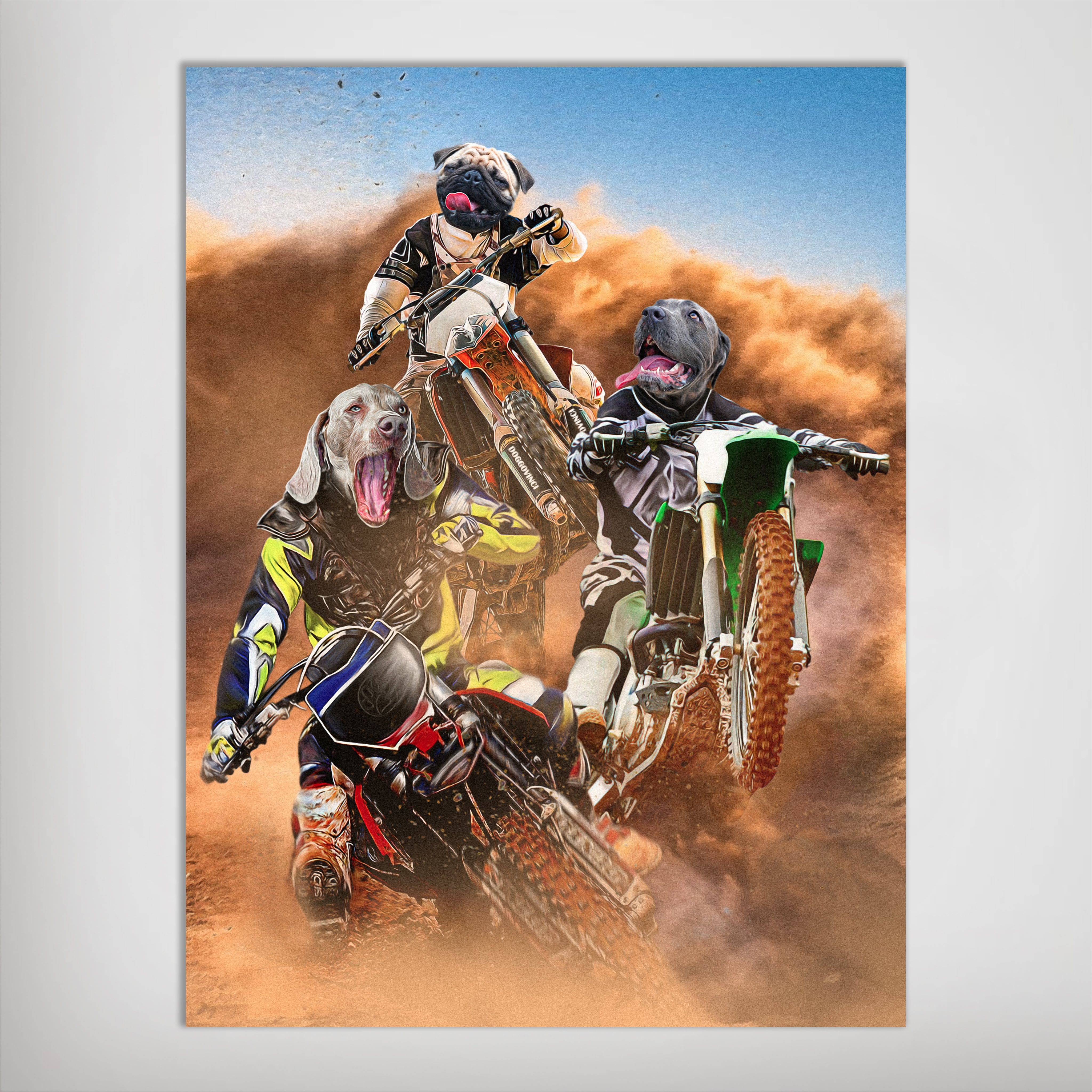 Personalized poster featuring three pets as motocross riders on dirt bikes, kicking up dust.
