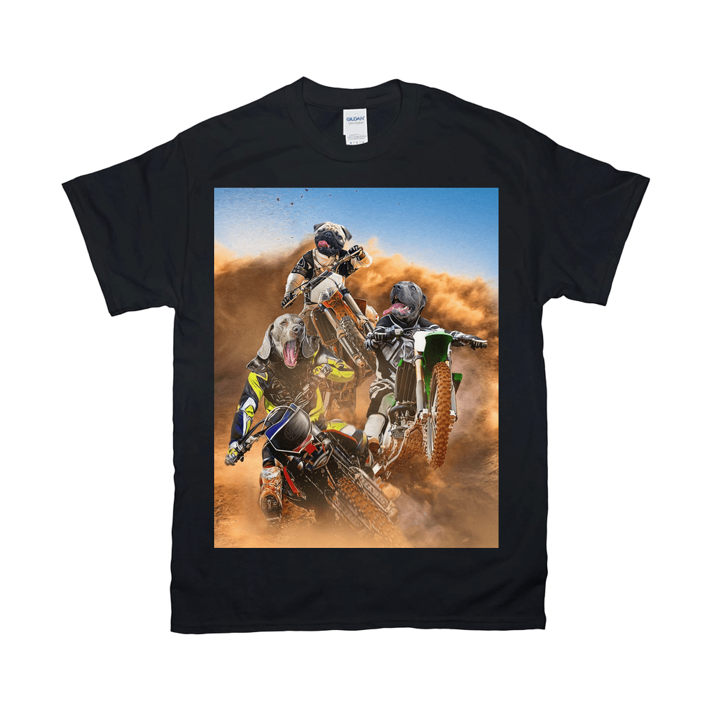 Black Gildan unisex t-shirt featuring three pets with animal heads on motocross riders kicking up dirt.