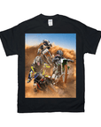 Black Gildan unisex t-shirt featuring three pets with animal heads on motocross riders kicking up dirt.