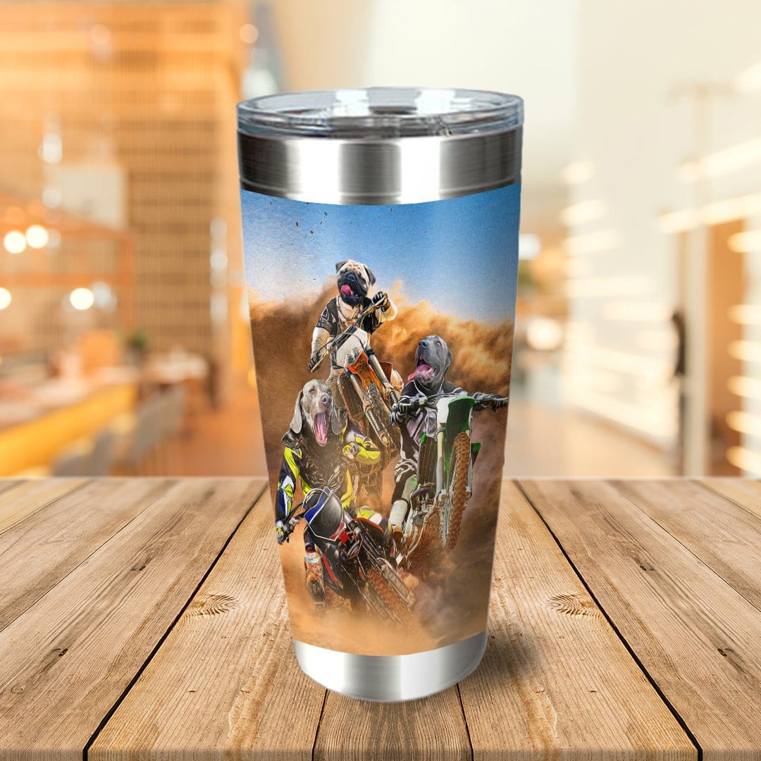 Personalized stainless steel tumbler with 3 pets as motocross riders in a dusty race.