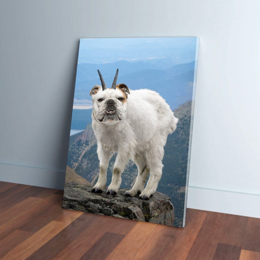 Personalized 'Mountain Doggoat' canvas featuring a bulldog's head on a white goat body, standing on a mountain peak.