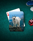 Personalized playing card featuring a doggoat pet portrait on a mountain landscape, with poker chips and dice.