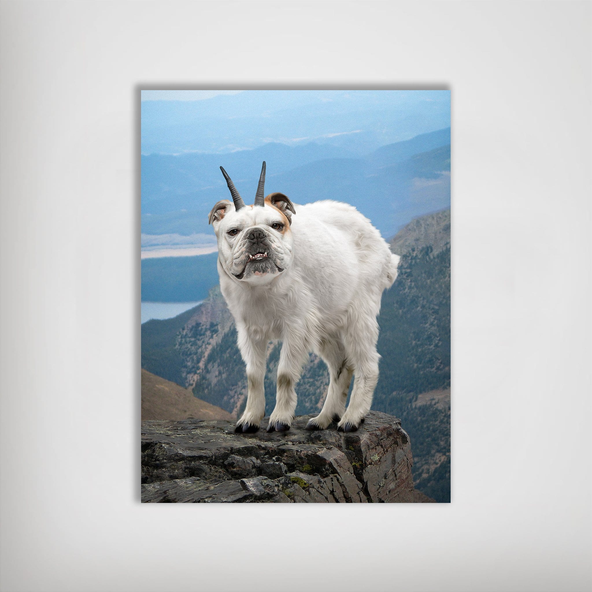 Personalized 'Mountain Doggoat' poster featuring a bulldog's head on a white goat, standing on a rocky peak.