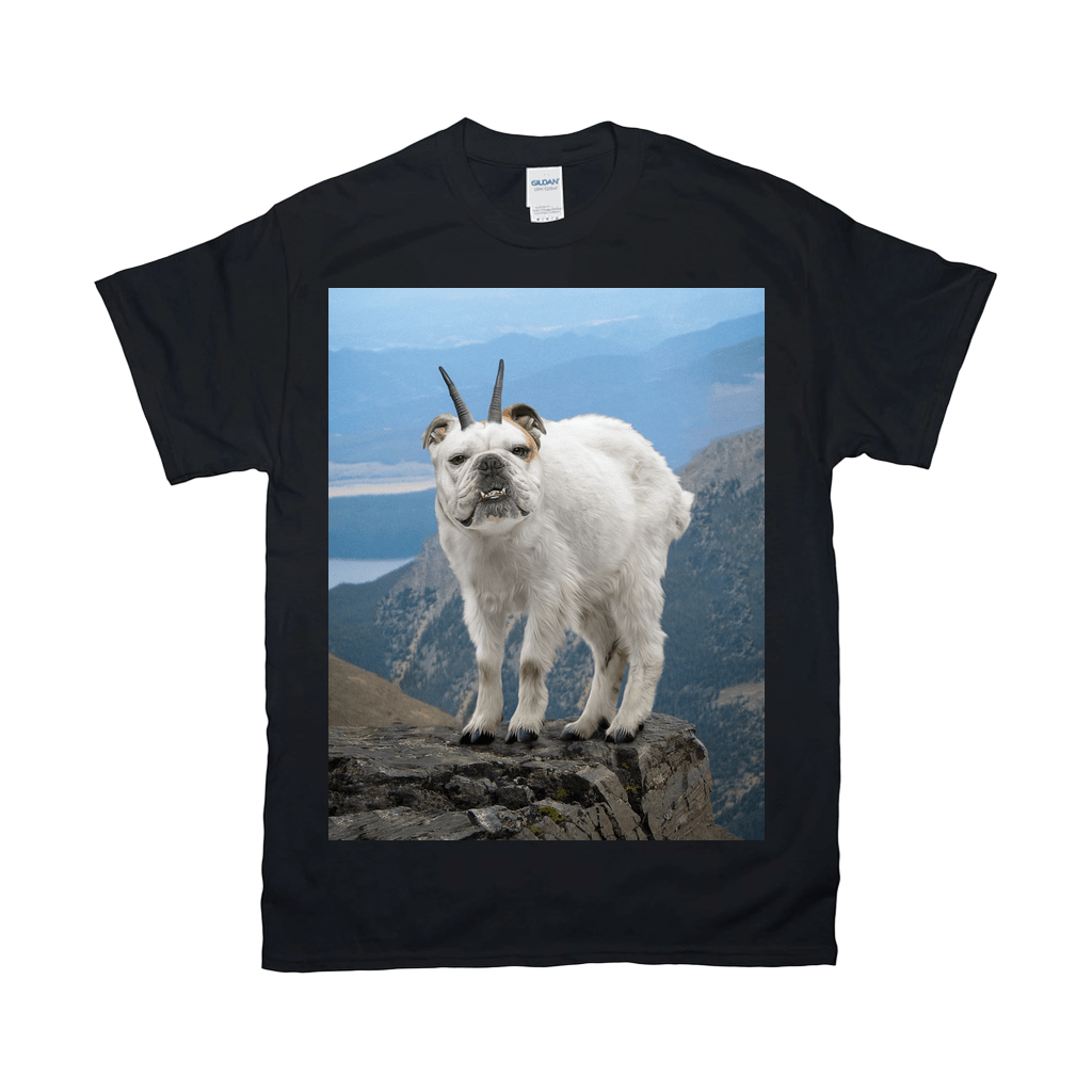 Black Gildan t-shirt with a personalized "Doggoat" design featuring a bulldog's head on a white mountain goat.