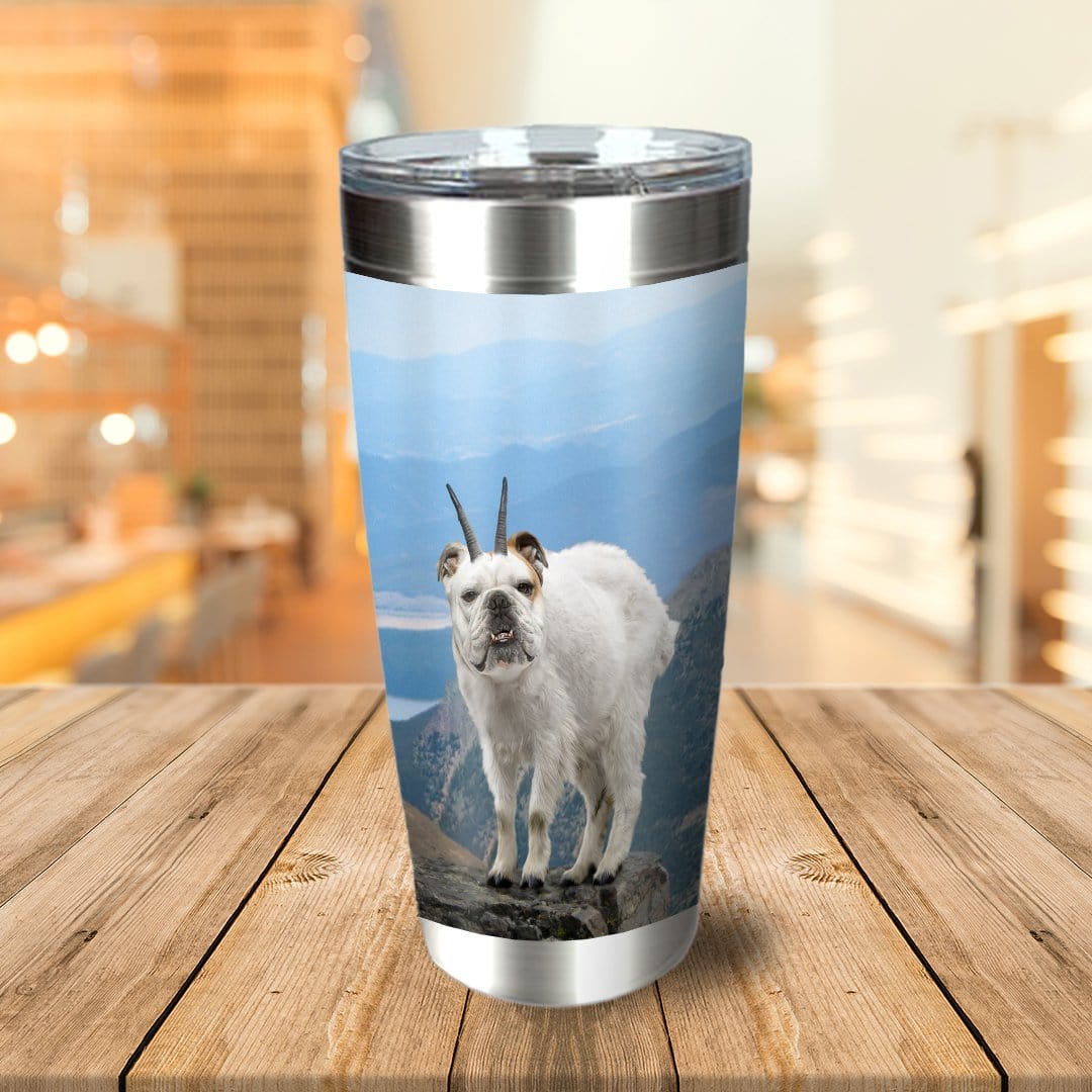 Personalized stainless steel tumbler with a custom "Doggoat" pet portrait on a mountain landscape.