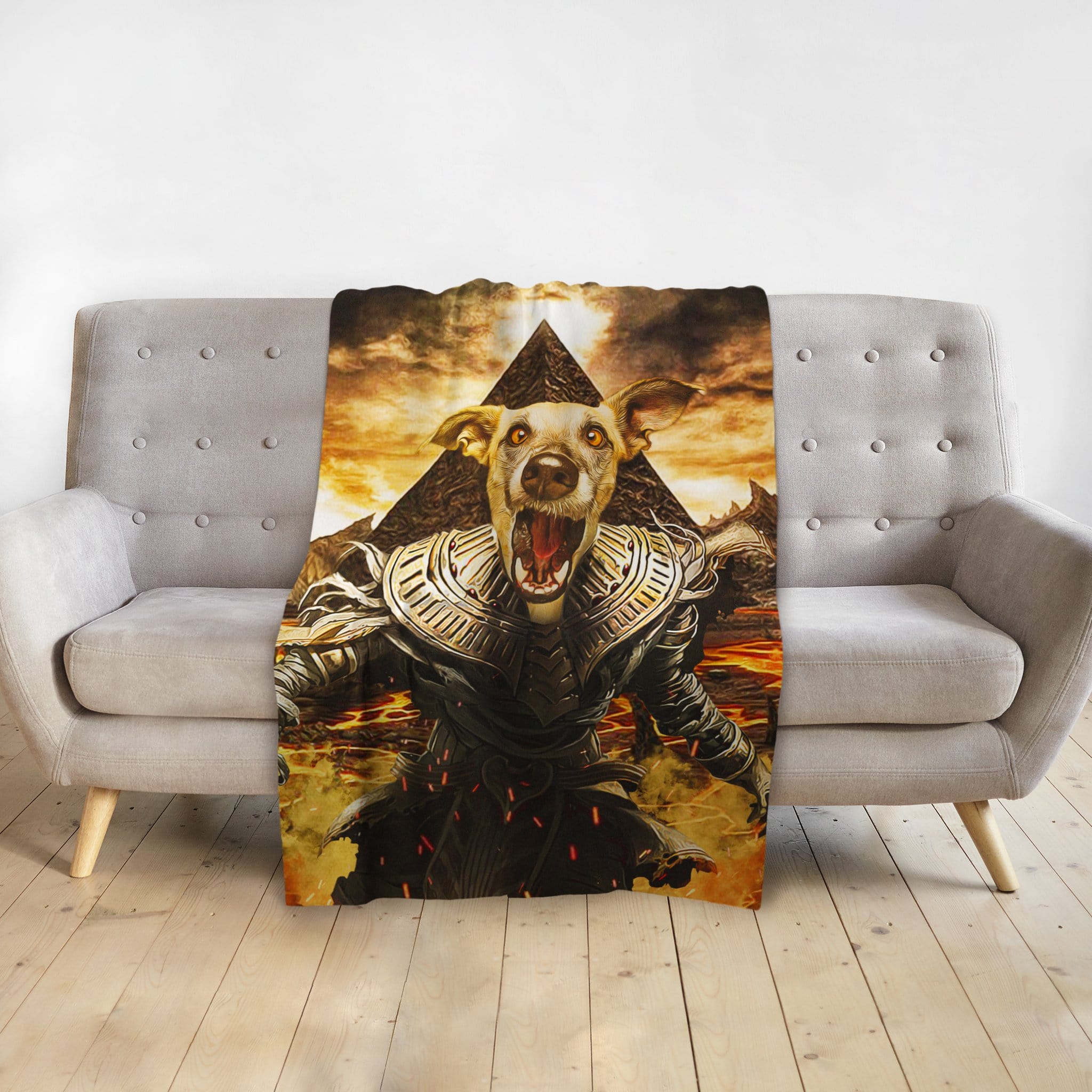 Personalized pet blanket featuring a dog in a "Mummy" renaissance-style portrait, with a pyramid and lava background.