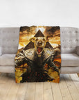 Personalized pet blanket featuring a dog in a "Mummy" renaissance-style portrait, with a pyramid and lava background.
