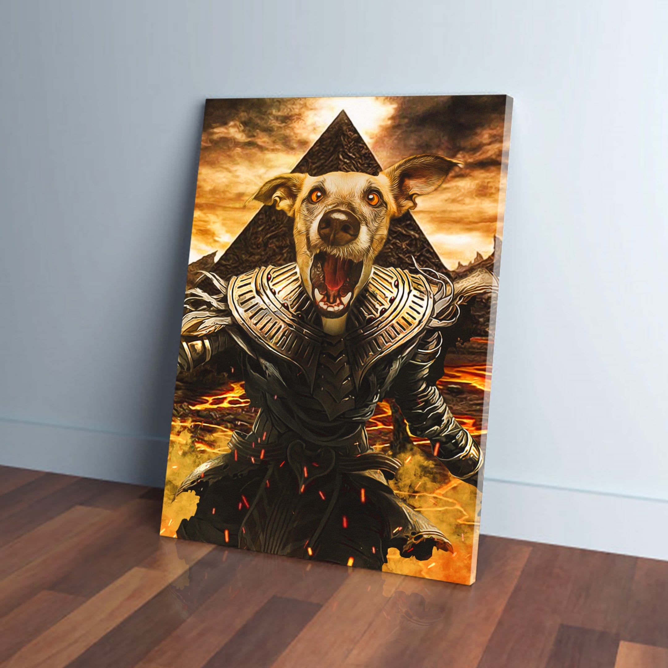 Custom pet canvas featuring a dog's head on a mummy-like figure in a fiery, ancient Egyptian setting.