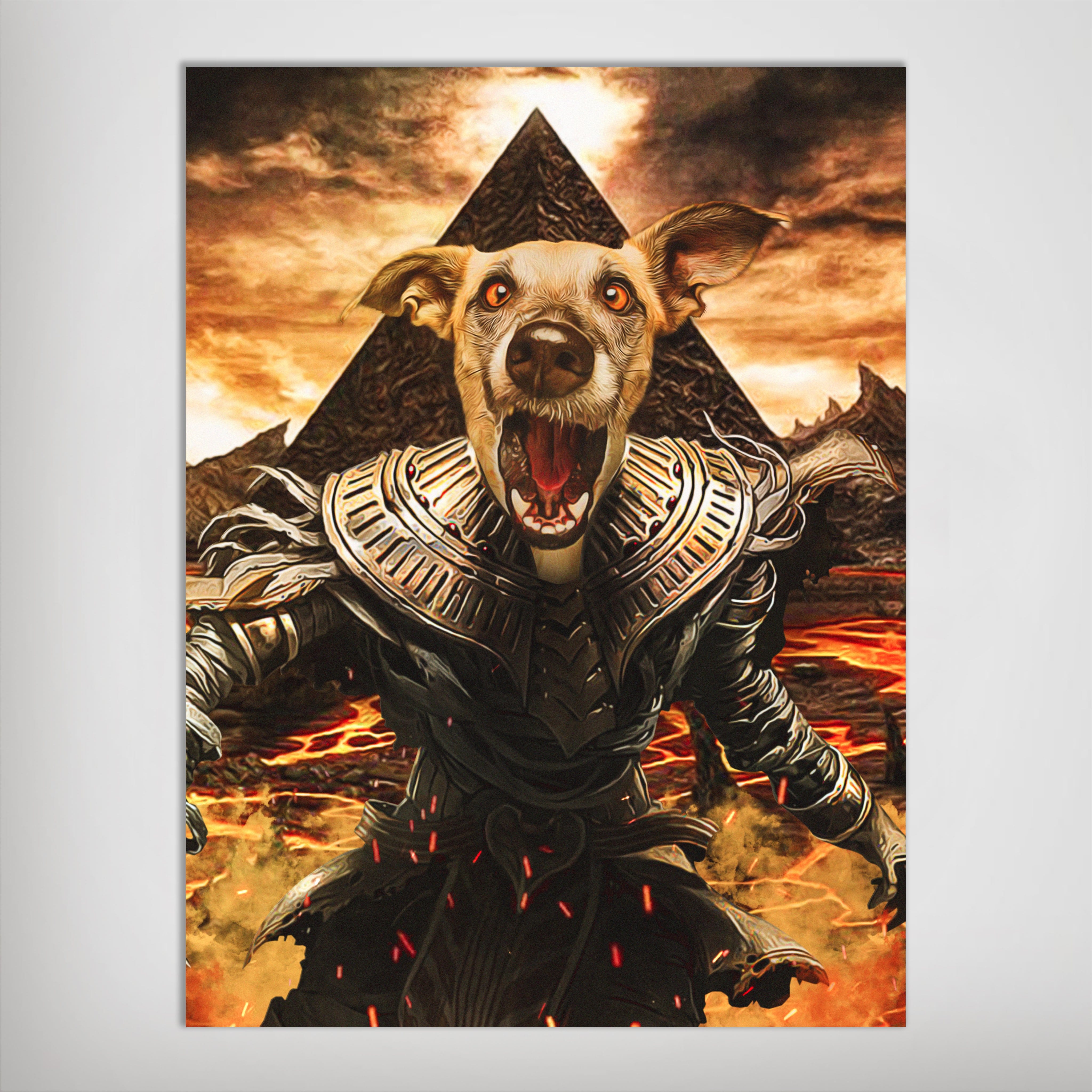 Personalized 'The Mummy' pet poster featuring a dog's head on an ancient Egyptian warrior's body with a pyramid and lava background.