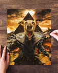 Personalized pet puzzle featuring a dog's face on a mummy-like figure with a pyramid background.