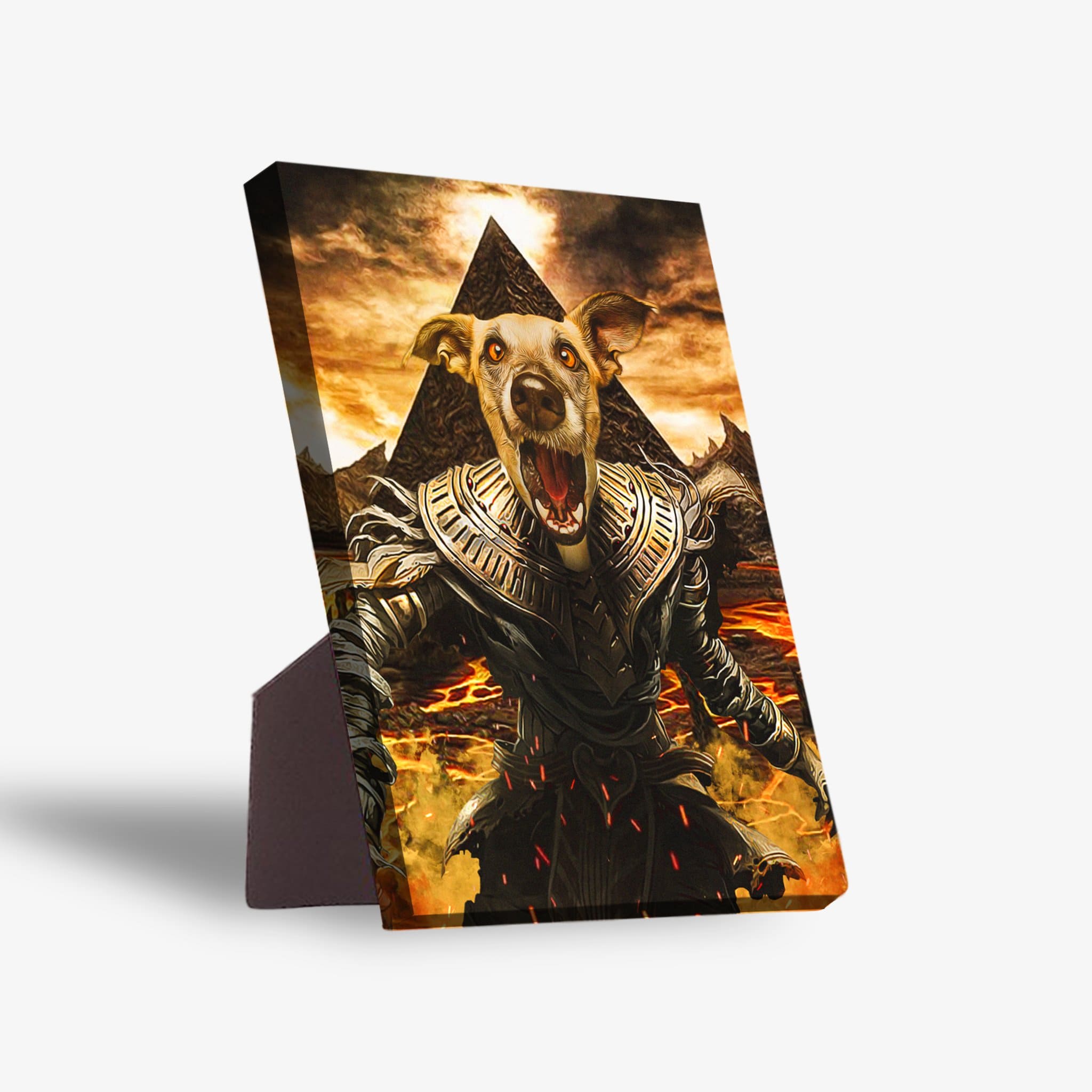 Personalized pet standing canvas featuring a dog's head on a mummy body with a pyramid and lava background.