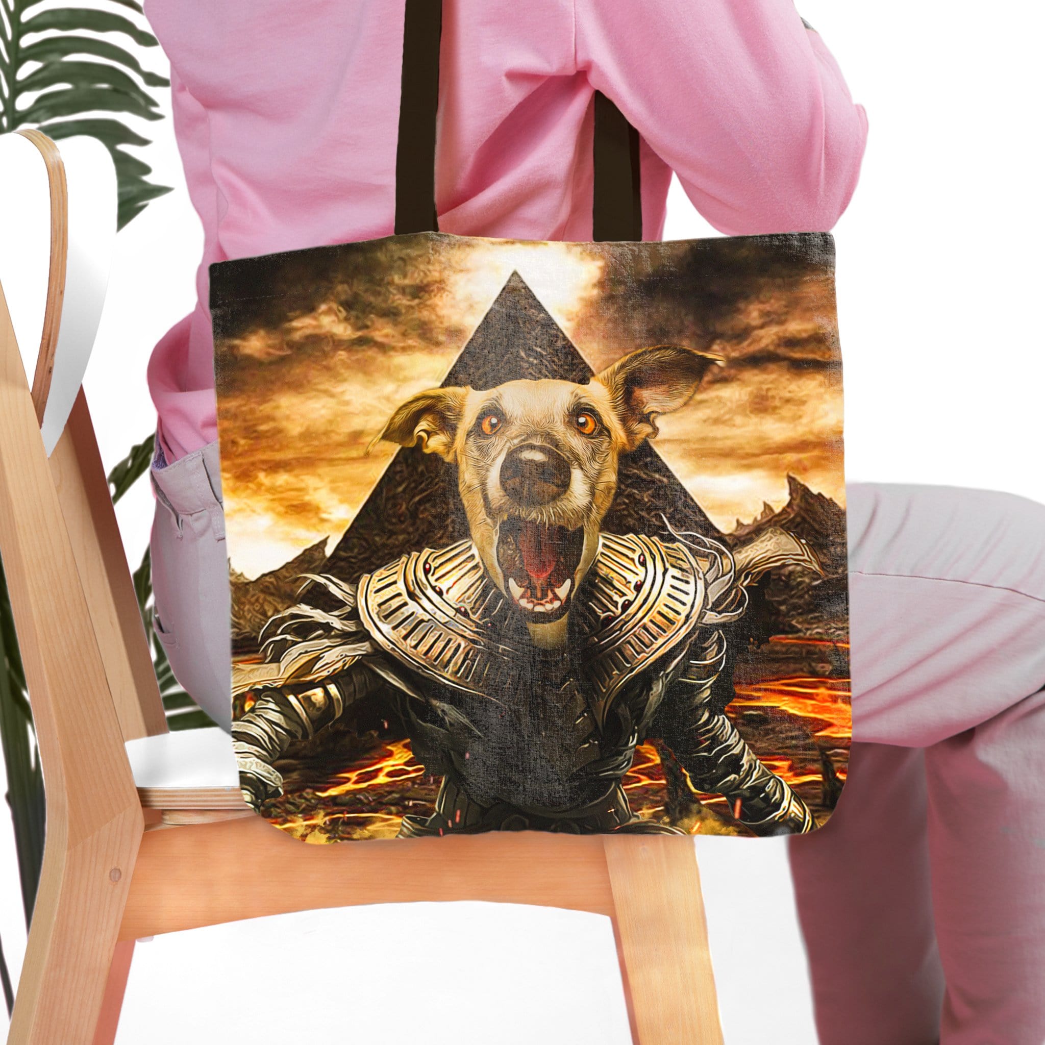 Personalized "The Mummy" tote bag with a custom pet portrait of a dog in ancient Egyptian armor.