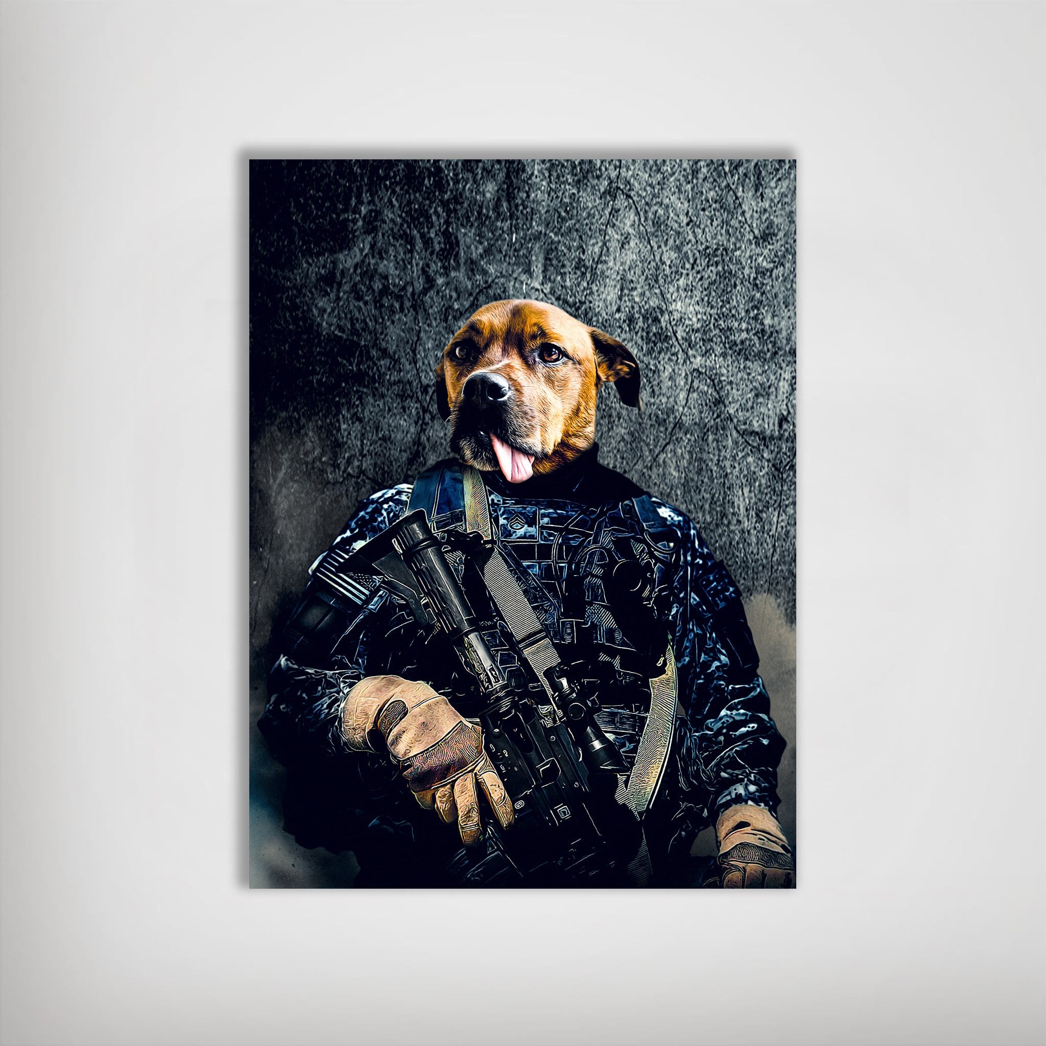 Personalized dog poster featuring a brown dog's head on a soldier's body in navy camo, holding a rifle.