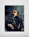 Personalized dog poster featuring a brown dog's head on a soldier's body in navy camo, holding a rifle.