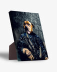 Personalized pet portrait canvas featuring a dog in a navy veteran tactical uniform holding a rifle, with a sturdy stand.