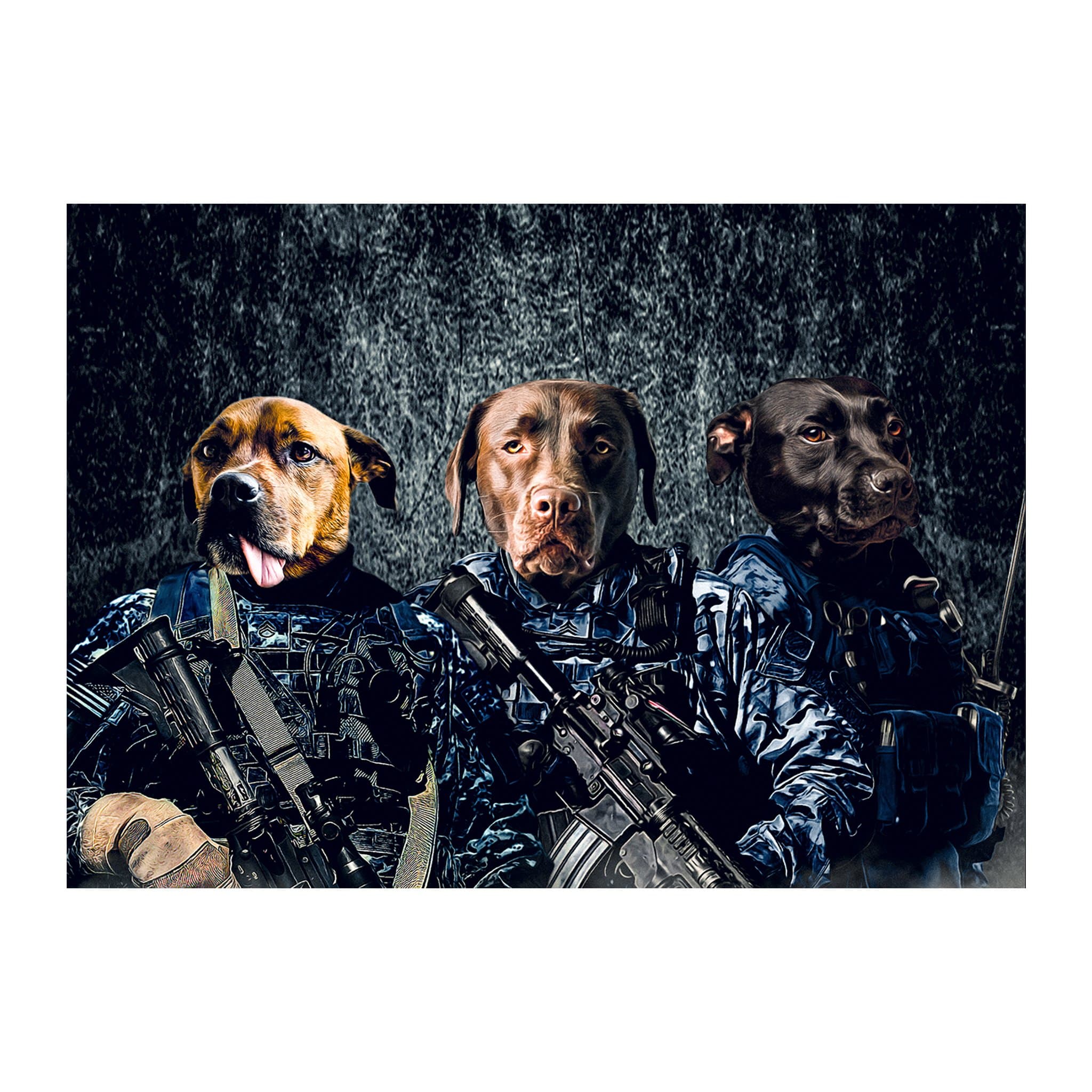 Custom digital portrait of three dogs in Navy veteran military uniforms.