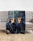 Personalized custom blanket with two dogs in military uniform portraits.