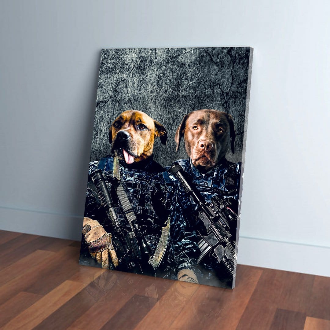Personalized canvas featuring two dogs dressed as Navy veterans in blue camouflage with rifles.