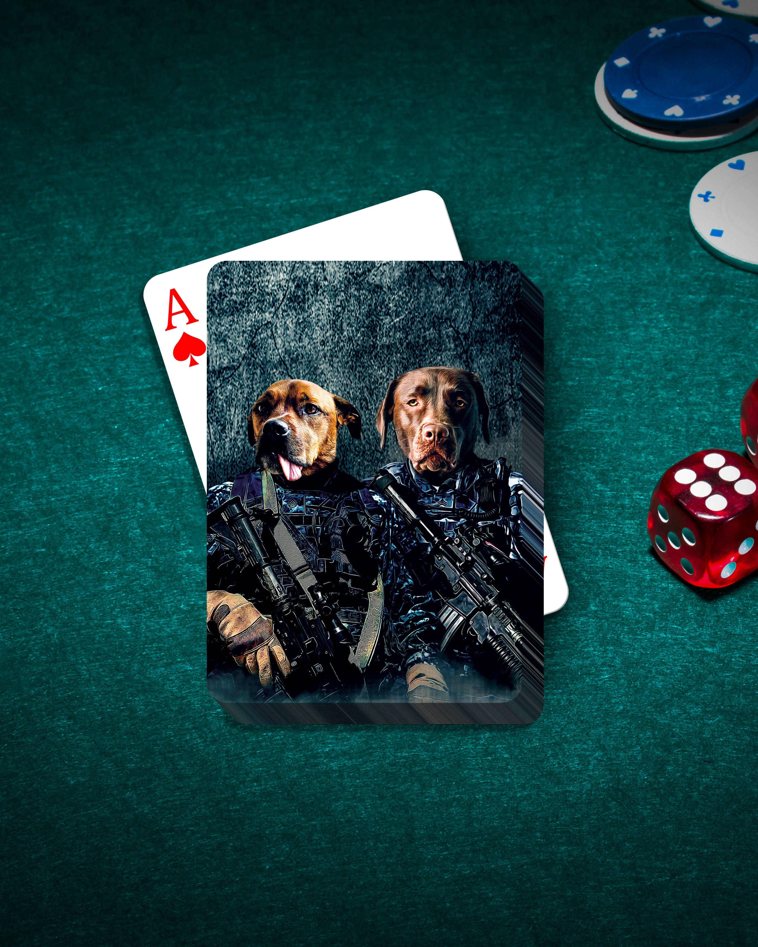 Personalized playing cards featuring two dogs in military uniforms, on a green felt table with poker chips and dice.