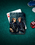 Personalized playing cards featuring two dogs in military uniforms, on a green felt table with poker chips and dice.