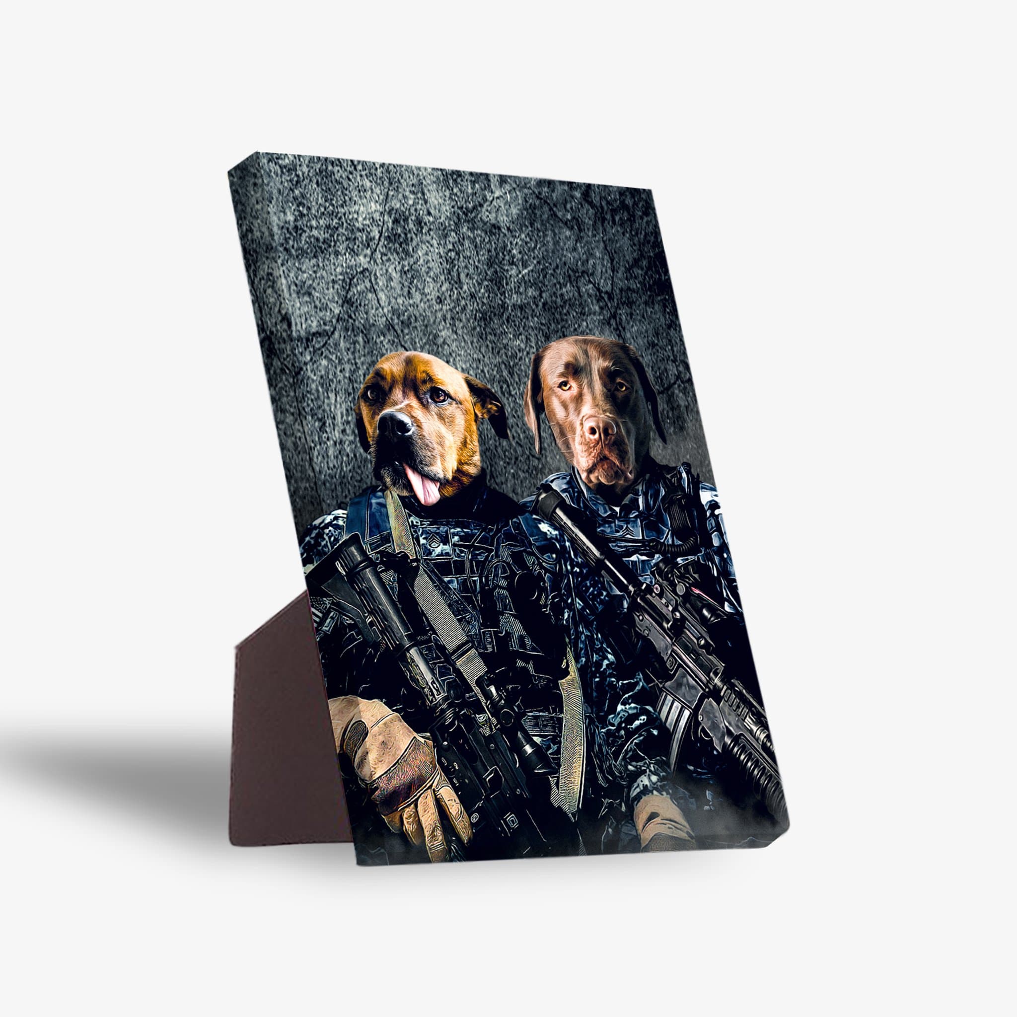 Personalized 2-pet standing canvas featuring dogs in navy veteran uniforms with rifles.