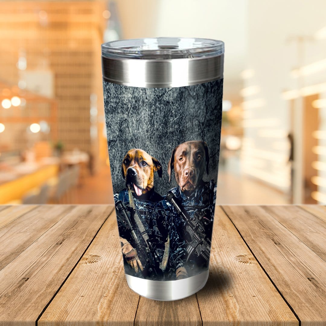 Personalized stainless steel tumbler with two custom pet portraits in navy veteran uniforms.