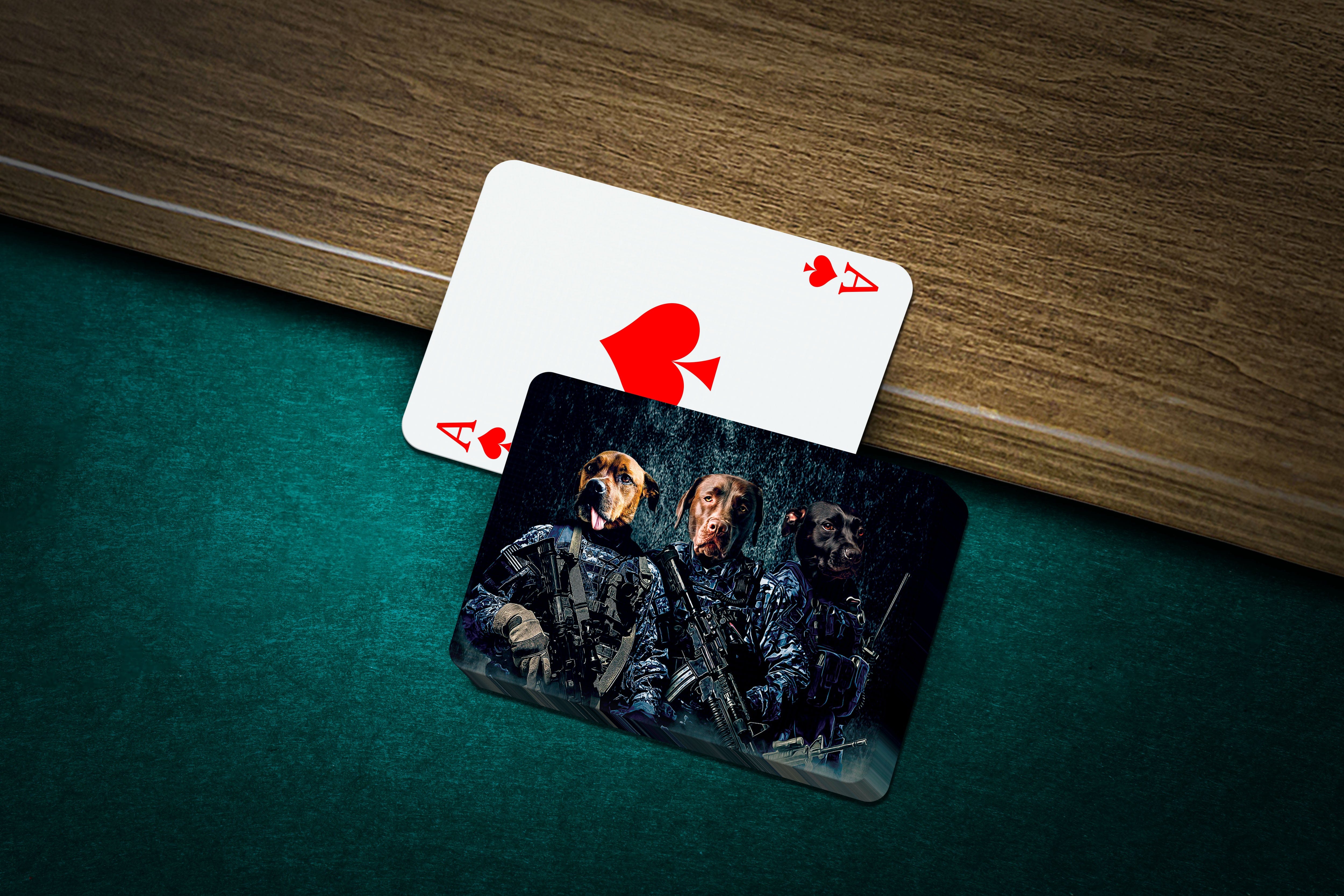 Custom personalized playing cards featuring three dogs in "Navy Veterans" military portraits.