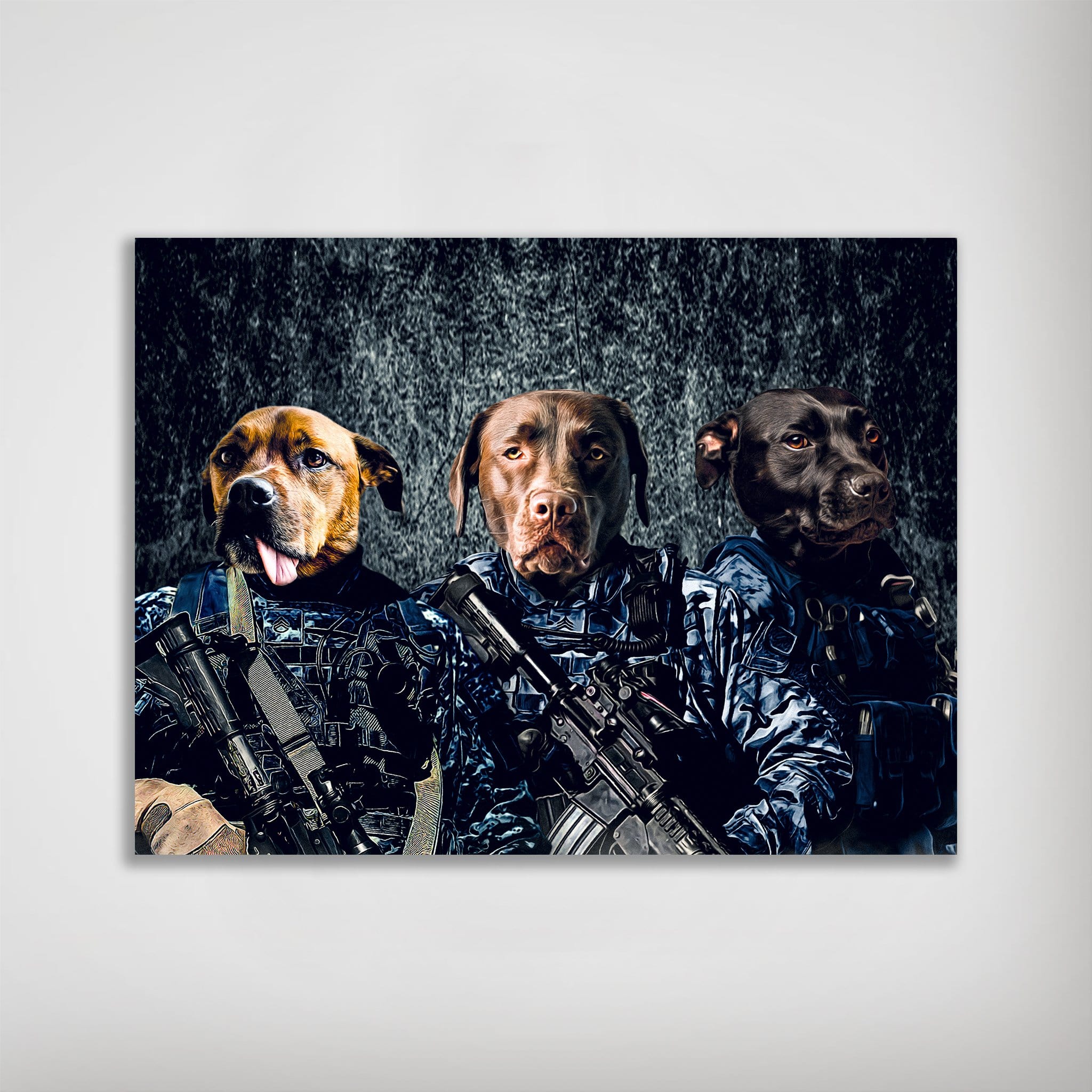 Personalized 3-pet poster featuring dogs in navy veteran uniforms with rifles, matte finish.