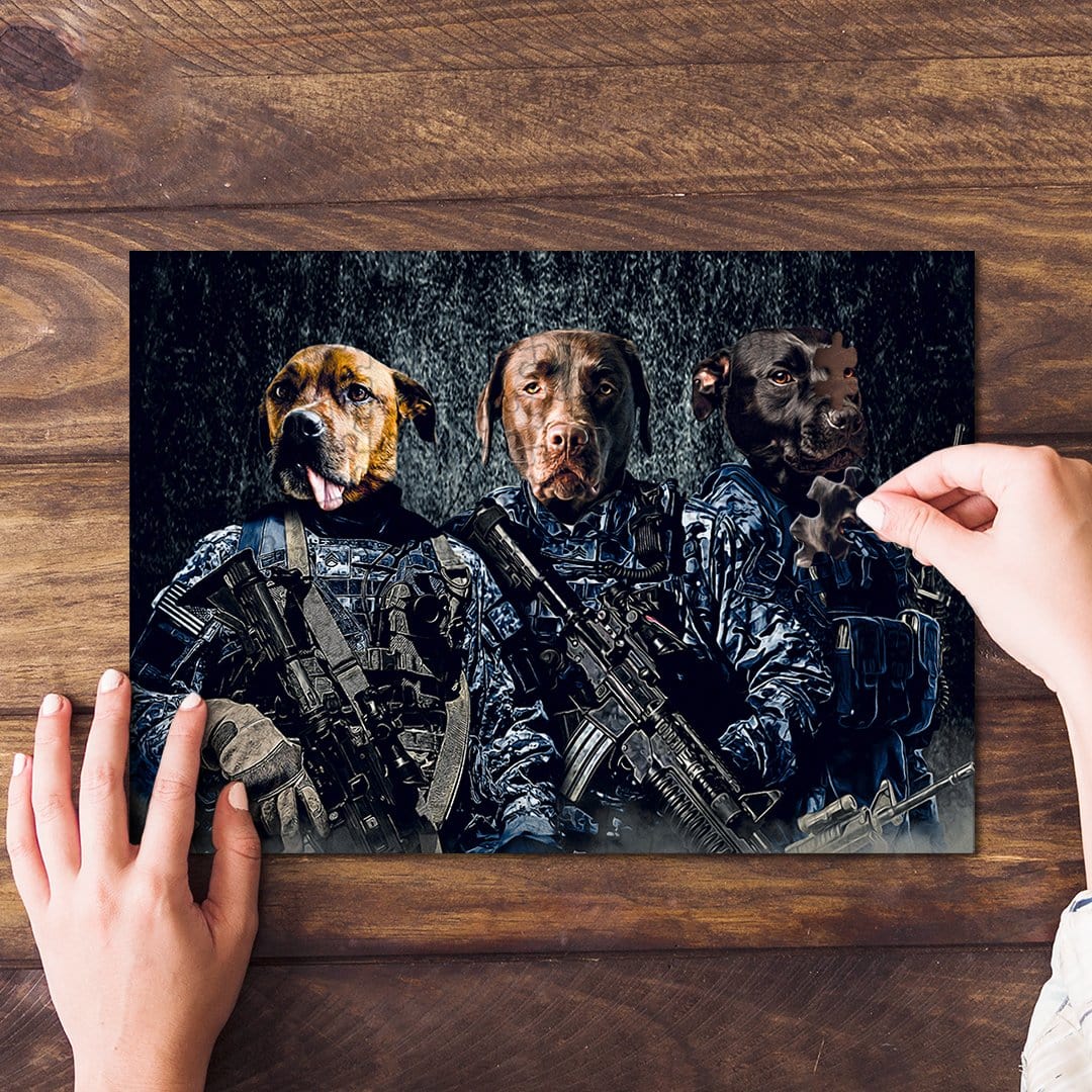 Personalized 3-pet puzzle featuring dogs in navy veteran uniforms, being assembled on a wooden table.