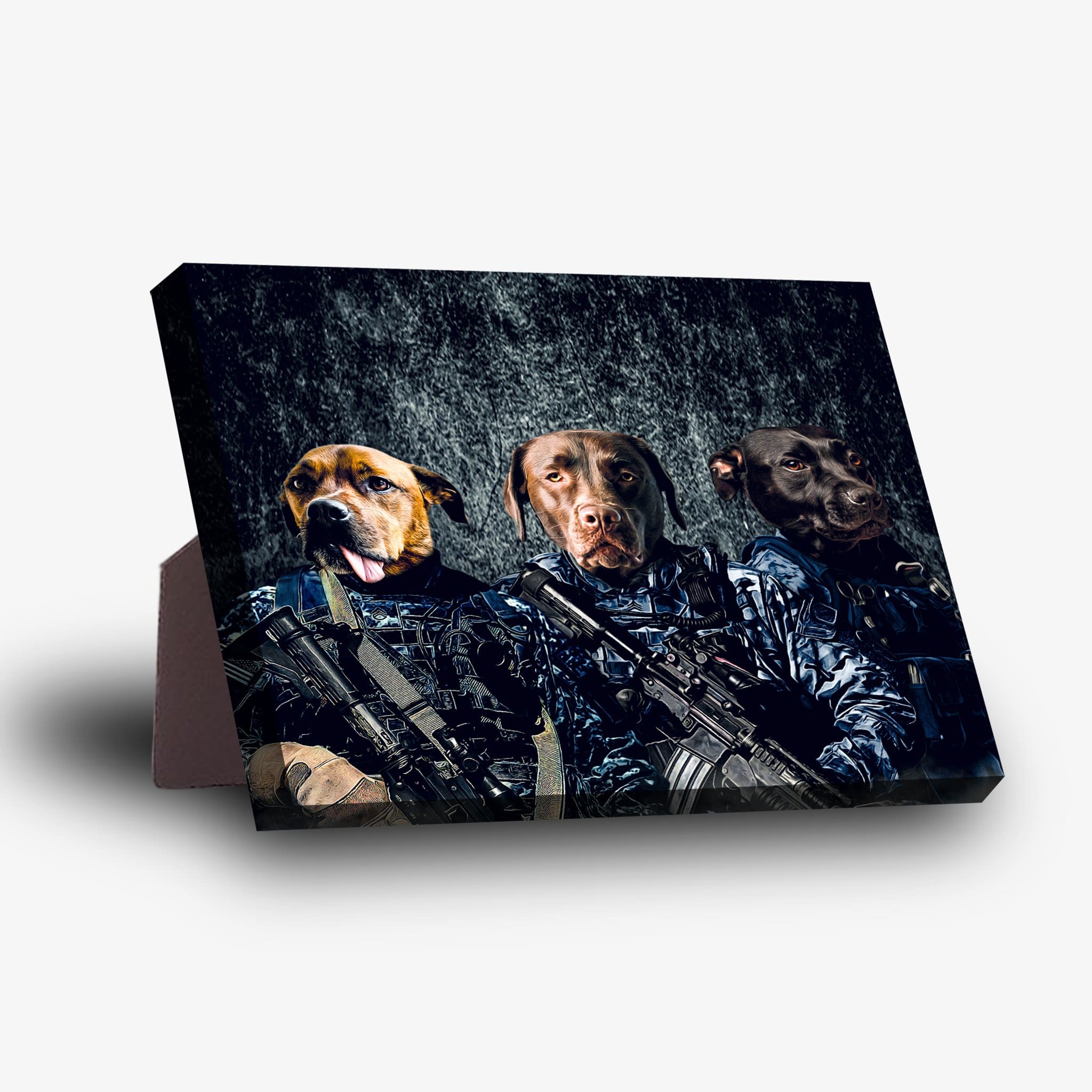 Personalized standing canvas featuring three dogs in navy veteran uniforms with rifles.