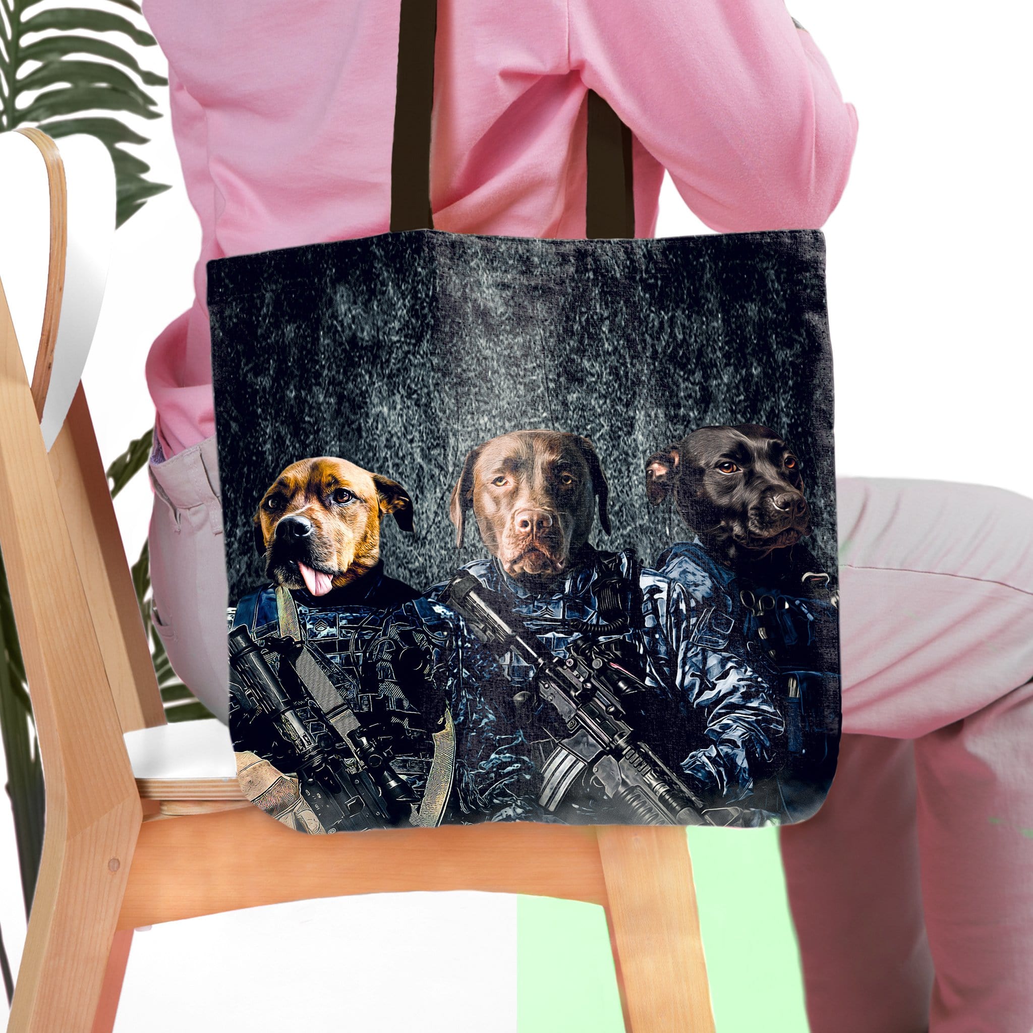 Personalized 3-pet tote bag featuring dogs in navy veteran uniforms.